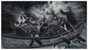 Hommes dans un bateau qui vole dans le ciel